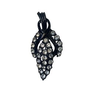 Vintage Jet Black Japanned Clear Rhinestone Mid Century Mourning Brooch